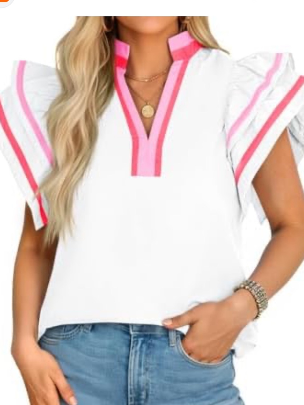 entro cream V-Neck Blouse with Pink Trim